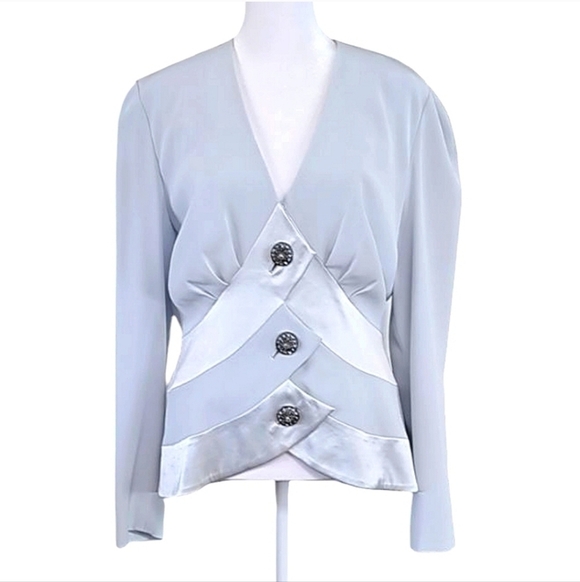 Della Roufogali Blue Gray Blazer with Satin Accents Decorative Buttons Size 8 - Picture 2 of 7